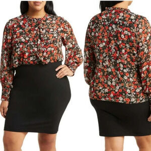 NWT T Tahari Misa Long Sleeve Floral Ruffle Blouse